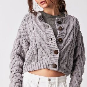 NWT - Free People Bonfire Cable Knit Cardi in Stone (Grey)